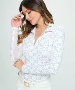 White horse riding sunshirt with Silver Signature DE Pattern.